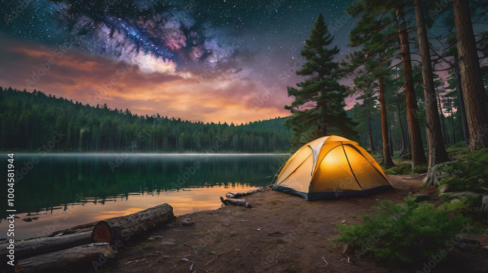 Night deep forest tent near the river Night deep forest tent near the river