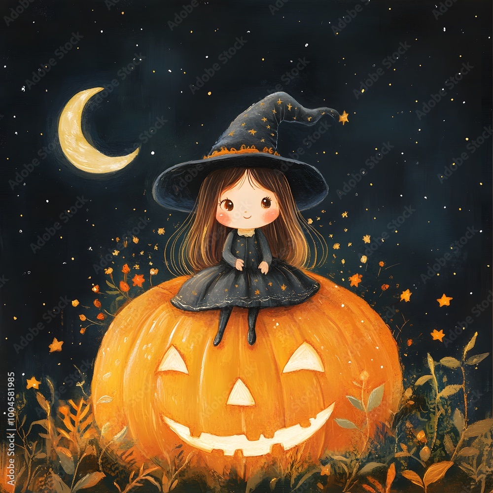 Fototapeta premium A cute little witch sitting on a large pumpkin with her hat tipped slightly, surrounded by twinkling stars and a crescent moon