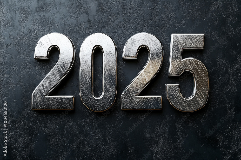 Polished silver 2025 numbers on a textured dark background, ideal for luxury brands, jewelry stores, high-end marketing agencies, premium businesses, and New Year-themed corporate campaigns Polished silver 2025 numbers on a textured dark background, ideal for luxury brands, jewelry stores, high-end marketing agencies, premium businesses, and New Year-themed corporate campaigns