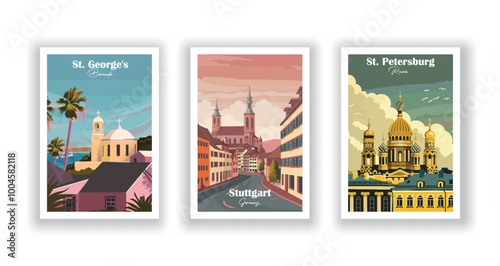 St. George's, Bermuda, St. Petersburg, Russia, Stuttgart, Germany - Vintage travel poster. Vector illustration. High quality prints