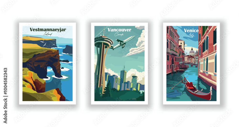 Obraz premium Vancouver, Canada, Venice, Italy, Vestmannaeyjar, Iceland - Vintage travel poster. Vector illustration. High quality prints