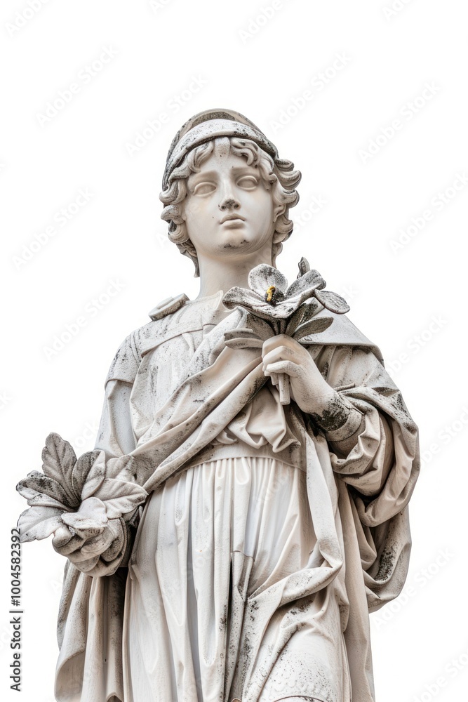 Greek statue holding flower sculpture art white background. Greek statue holding flower sculpture art white background.