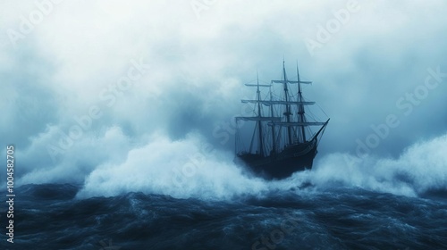 Dark ocean waves crashing through fog, isolated ship, 3D illustration