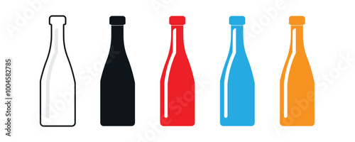 A vector illustration of an champagne bottle black and white red, blue, yellow color icon