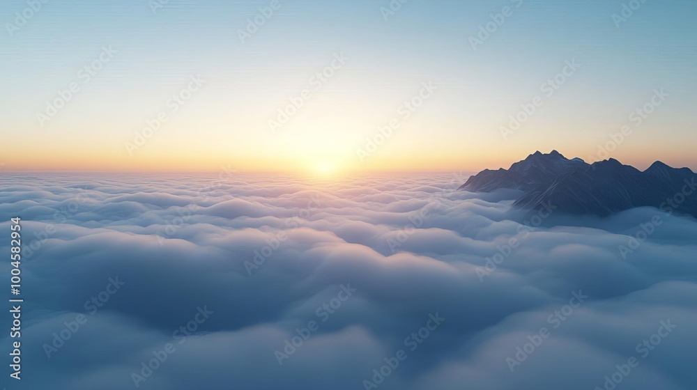 Dense fog rolling over mountain valley, sunrise in the distance, 3D illustration Dense fog rolling over mountain valley, sunrise in the distance, 3D illustration