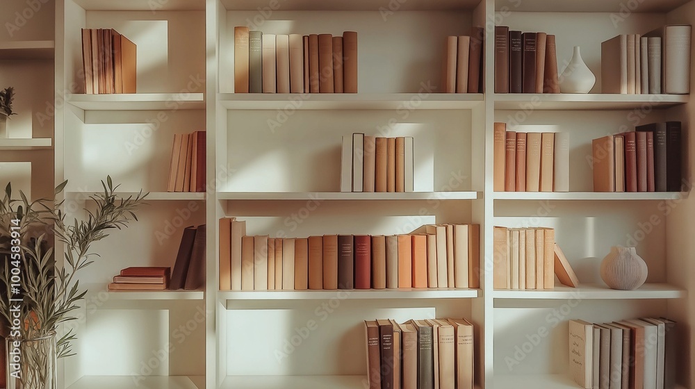 Neatly organized bookshelf with decor items in a minimalist home setting illuminated by soft natural lighting Neatly organized bookshelf with decor items in a minimalist home setting illuminated by soft natural lighting