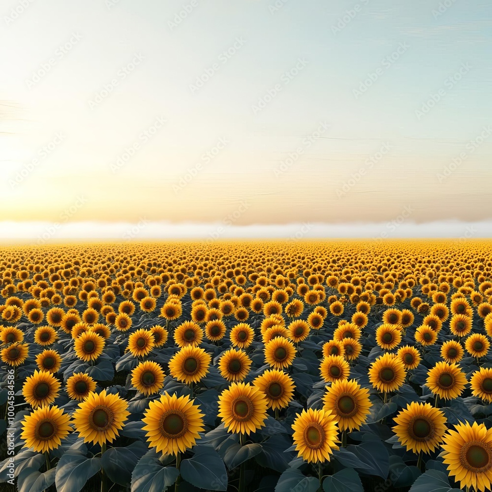 Obraz premium Fog drifting over sunflower field, golden glow, 3D illustration