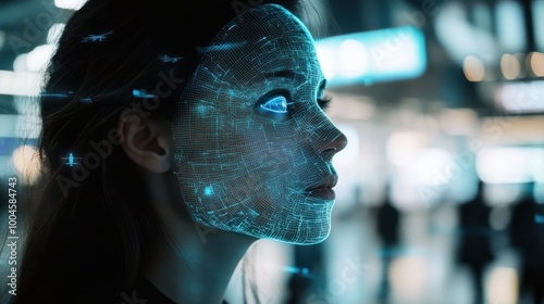 Woman at airport uses future facial recognition technology, depicted by digital face map overlay, symbolizing futuristic travel security photo