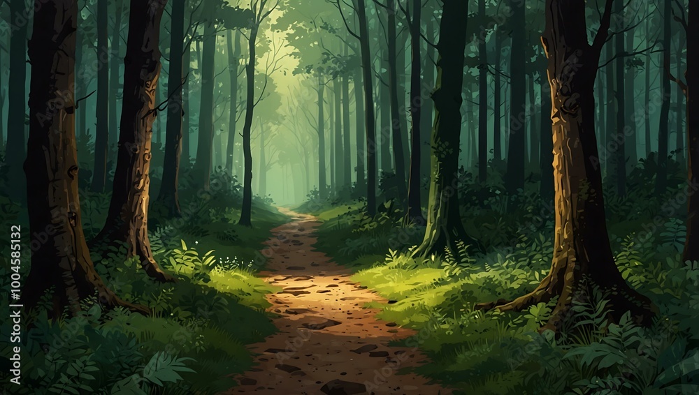 A beautiful green forest illustration featuring a pathway A beautiful green forest illustration featuring a pathway