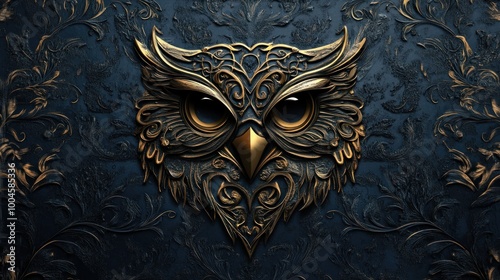 Ornament art carved with an owl head in a golden style design background wallpaper AI generated image