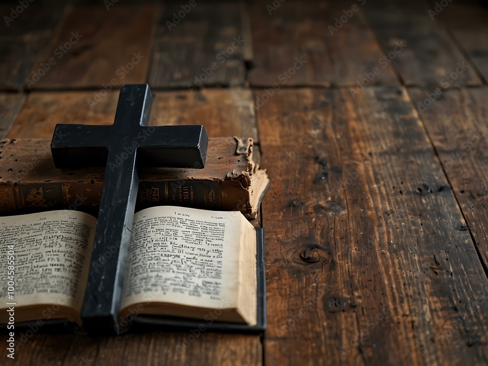 A black cross is positioned next to an open book on a rustic wooden table, offering space for text. A black cross is positioned next to an open book on a rustic wooden table, offering space for text.