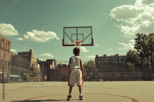 A young boy standing on the basketball court, facing away from the camera with his back to us, looking up at an overhead shot of a basketball hoop. Play Basketball Day.