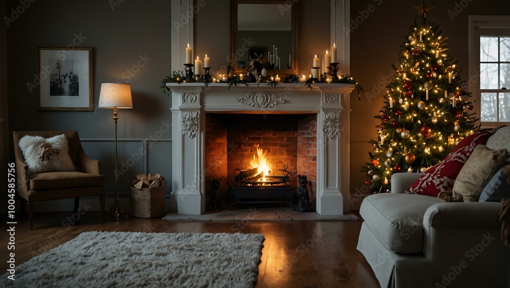 A burning fireplace in a decorated living room for Christmas Eve with no one around.