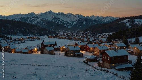 A camera pans over a snowy mountain village at sunset.