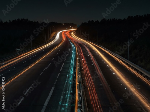 A car drives on a highway at night with glowing data lines. photo