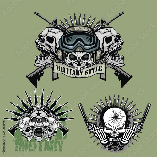 set, military sign with skull, grunge vintage design t shirts
