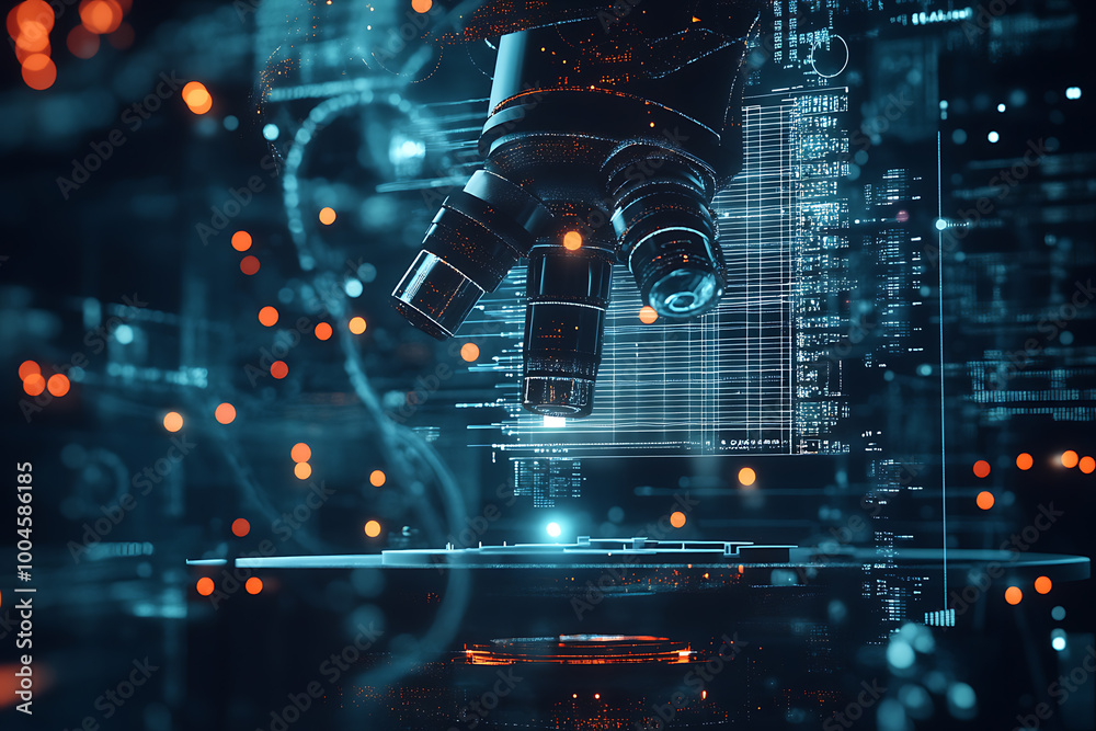 image of a medical microscope, symbolizing precision, scientific research, and advancements in healthcare technology with modern data connections image of a medical microscope, symbolizing precision, scientific research, and advancements in healthcare technology with modern data connections