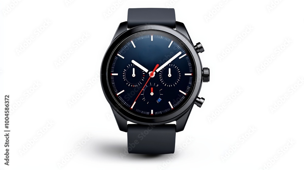 Sleek and Sophisticated: A modern smartwatch with a dark blue face, red accents, and a black silicone strap. The minimalist design speaks to both style and functionality. Sleek and Sophisticated: A modern smartwatch with a dark blue face, red accents, and a black silicone strap. The minimalist design speaks to both style and functionality.