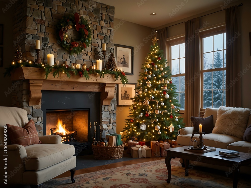 A Christmas living room with a beautifully decorated tree and a warm fireplace.