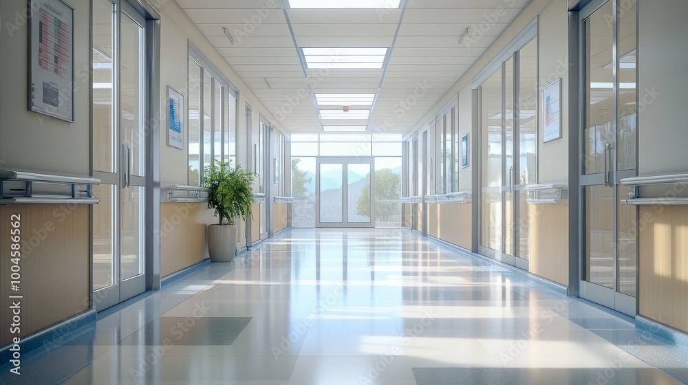 Obraz premium A bright hospital corridor with glass doors and potted plants, suggesting a healing environment.