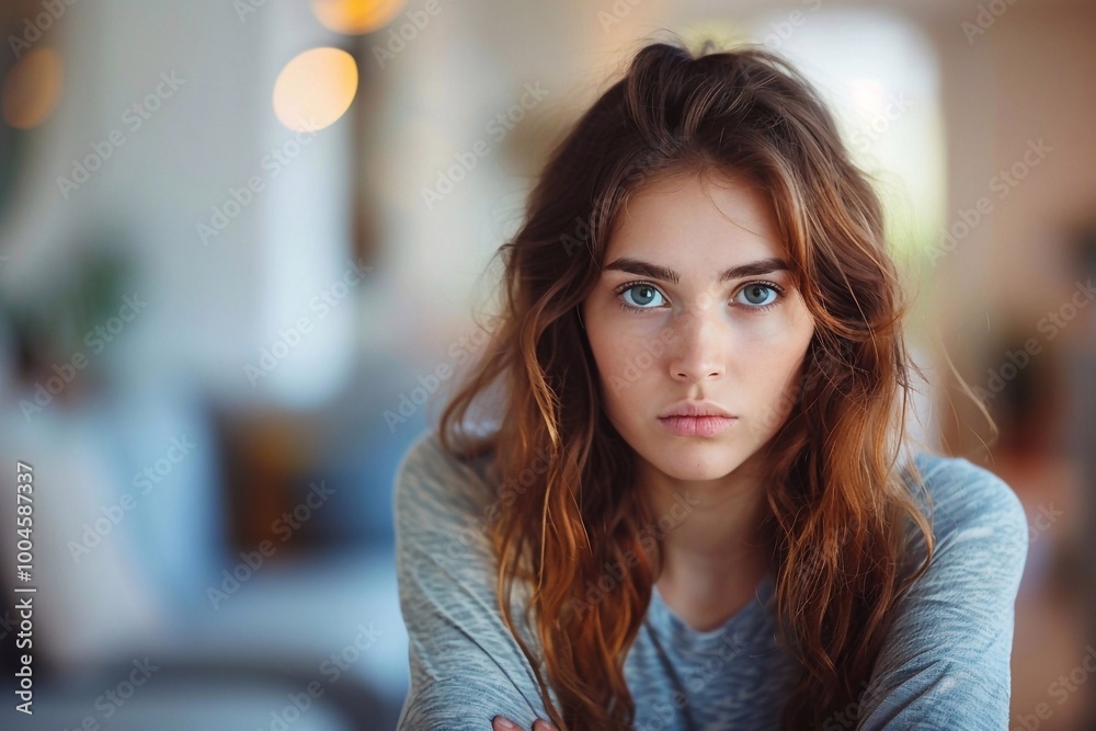 Fototapeta premium A woman is depressed, sitting confused at home