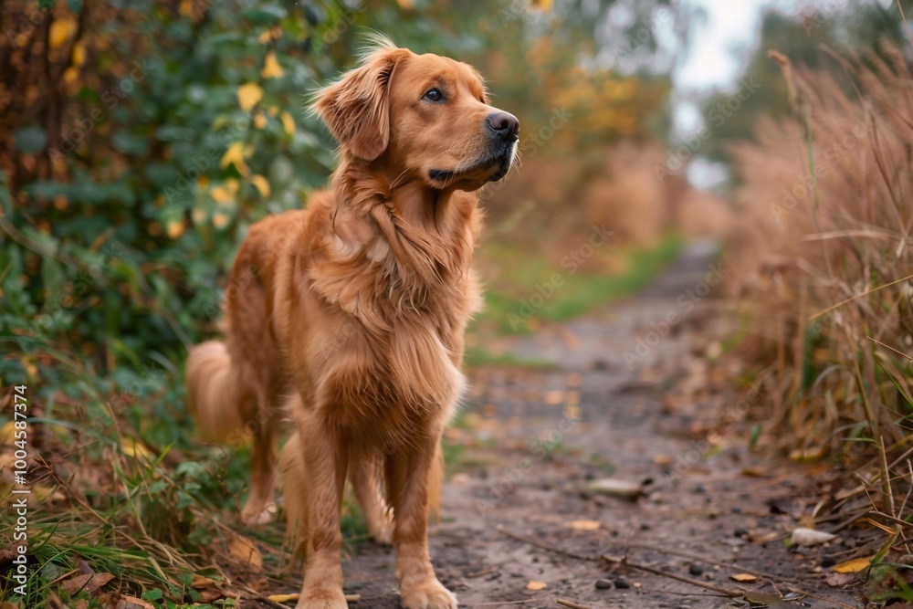 A dog poses playfully on a park path, showcasing its profile against a backdrop of greenery. A dog poses playfully on a park path, showcasing its profile against a backdrop of greenery.