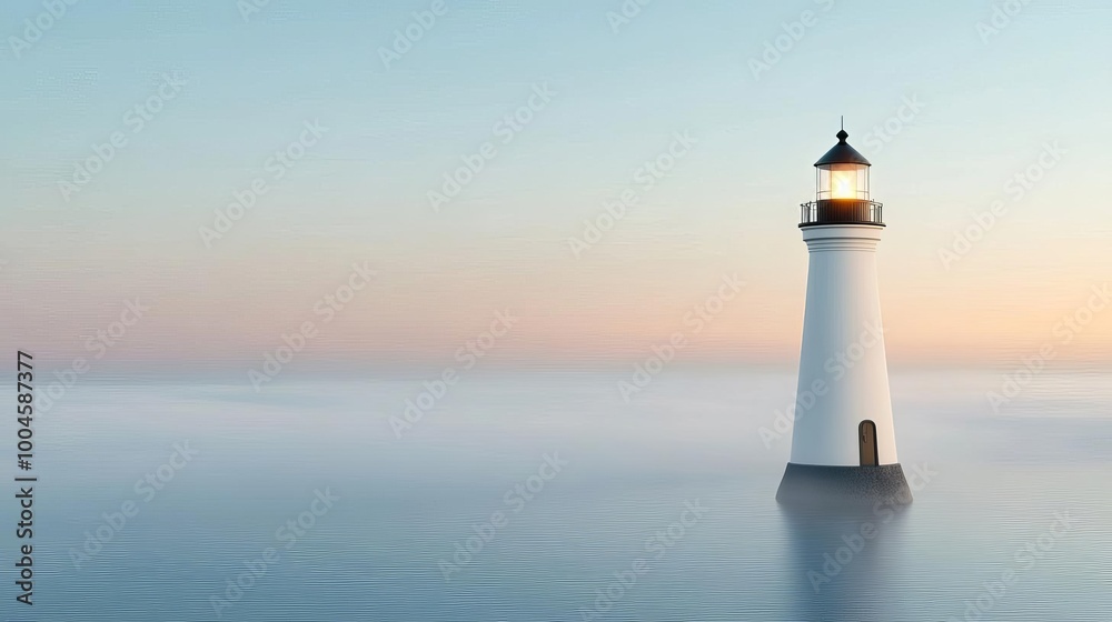 Lighthouse in fog, soft light piercing the mist, 3D illustration Lighthouse in fog, soft light piercing the mist, 3D illustration