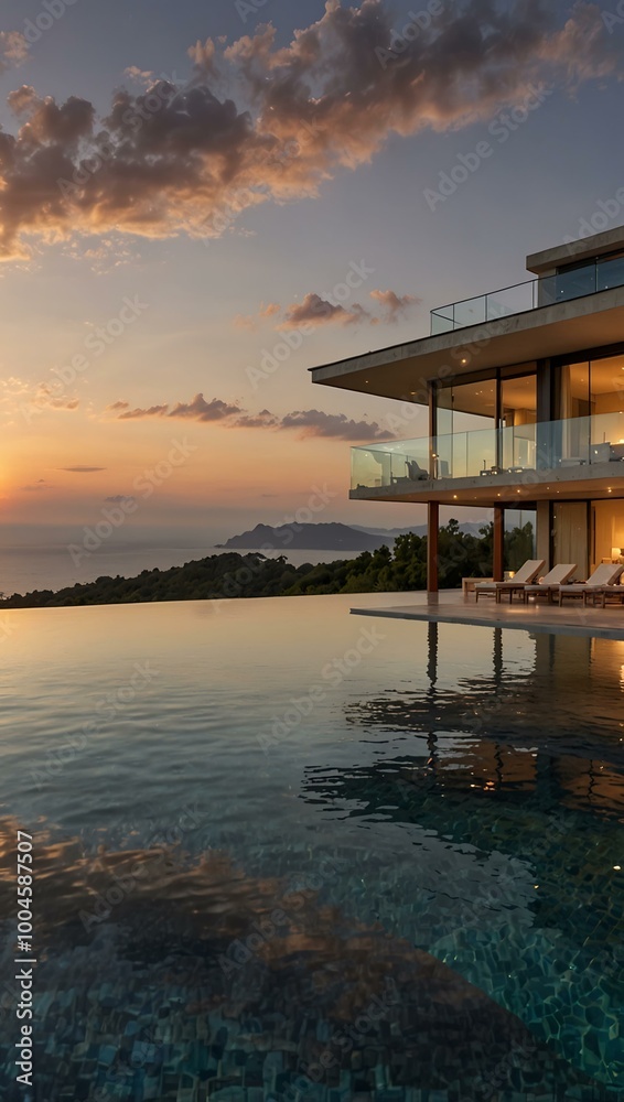 A contemporary villa with an infinity pool offers a breathtaking sunset view, surrounded by serene beauty. A contemporary villa with an infinity pool offers a breathtaking sunset view, surrounded by serene beauty.