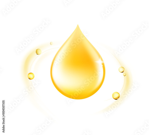 Gold oil drop with bubbles. Vector illustration isolated on white background. Ready for use in your design, infographic, presentation. EPS10.