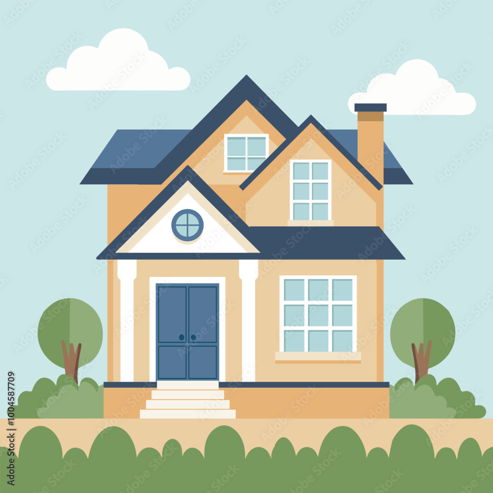 Cozy country house among green trees and bushes. Rural cozy cottage. Flat style illustration Cozy country house among green trees and bushes. Rural cozy cottage. Flat style illustration