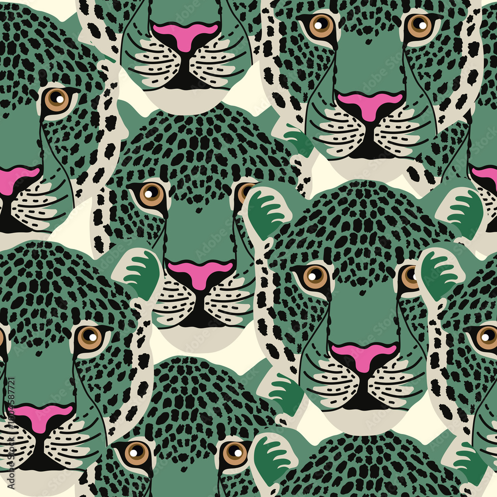 Fototapeta premium Leopard animal print pattern. Green vintage illustration. Seamless vector.