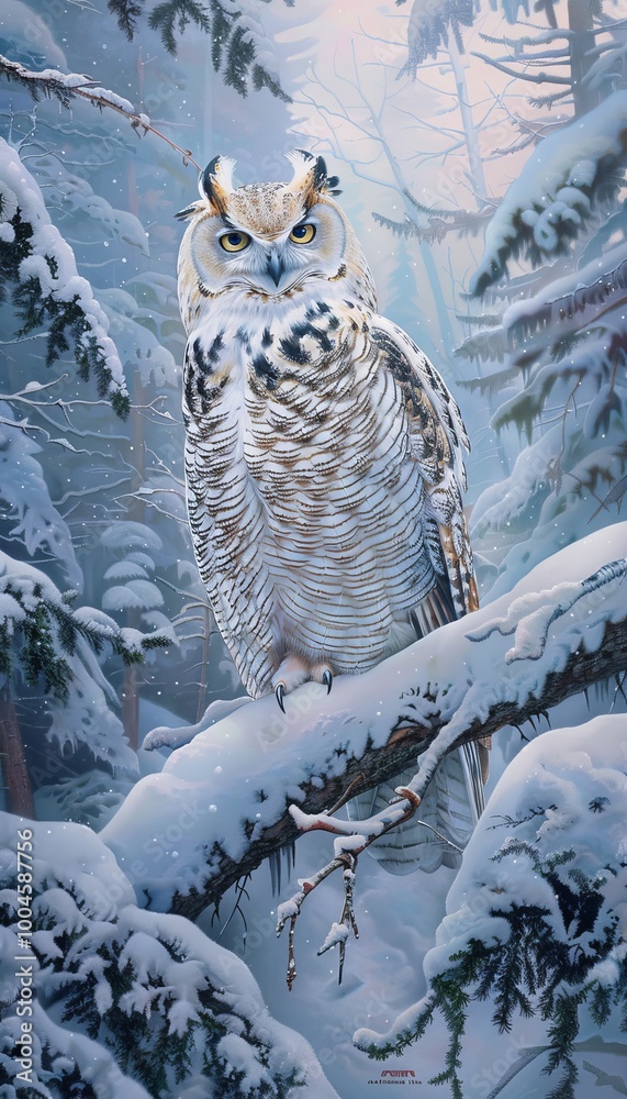 Majestic owl perched on a snowy branch amidst a tranquil winter forest landscape Majestic owl perched on a snowy branch amidst a tranquil winter forest landscape