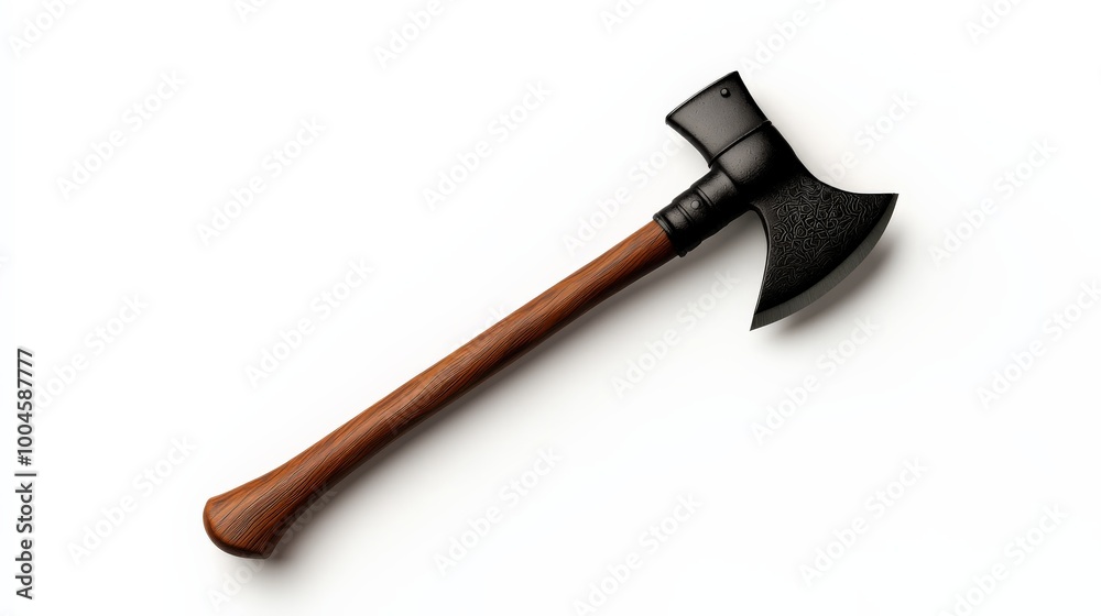 Black Axe with Wooden Handle: Sharp, black axe with a wooden handle, isolated on a white background. Perfect for projects that require a powerful and dangerous image. Black Axe with Wooden Handle: Sharp, black axe with a wooden handle, isolated on a white background. Perfect for projects that require a powerful and dangerous image.