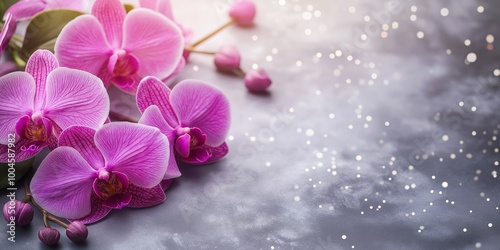 An abstract background featuring vibrant orchid flowers on a smooth surface with a soft bokeh effect photo