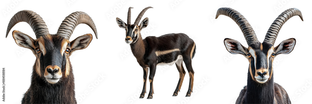 A sable antelope with sharp curved horns isolated on white and transparent background A sable antelope with sharp curved horns isolated on white and transparent background