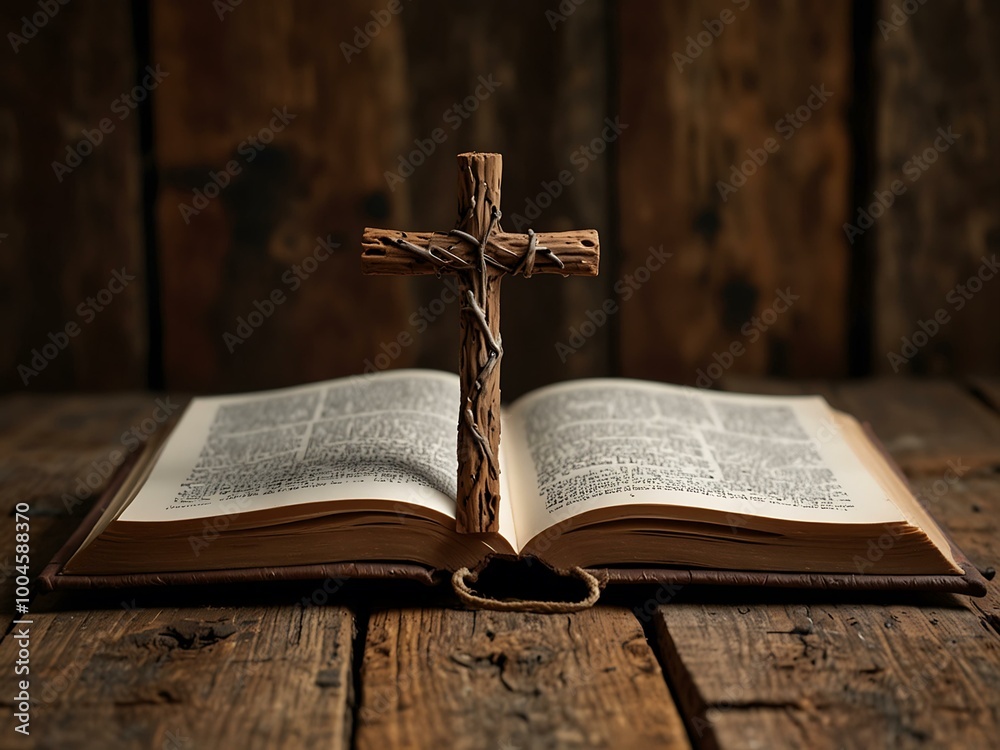 A cross rests on a book against a rustic wooden backdrop with open space. A cross rests on a book against a rustic wooden backdrop with open space.