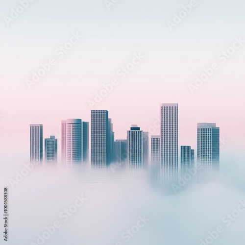 Misty cityscape, tall buildings fading into fog, 3D illustration
