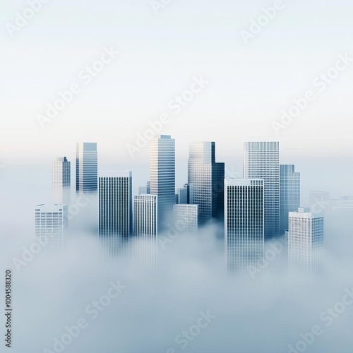 Misty cityscape, tall buildings fading into fog, 3D illustration
