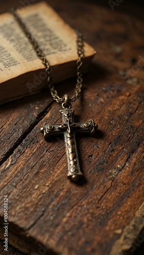 A cross pendant lies on an ancient book on a rustic table.