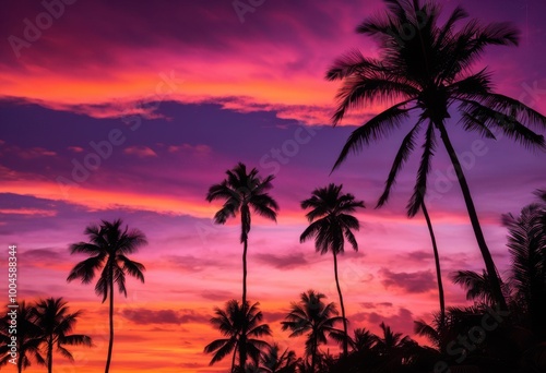 stunning tropical palm tree silhouettes framed vibrant sunset richly colored sky breathtaking twilight atmosphere, trees, outline, horizon, colorful