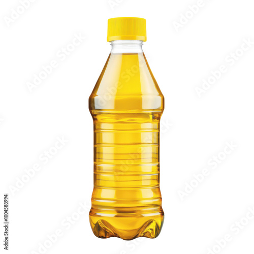 Sunflower oil in a clear plastic bottle with a yellow cap on a transparent background