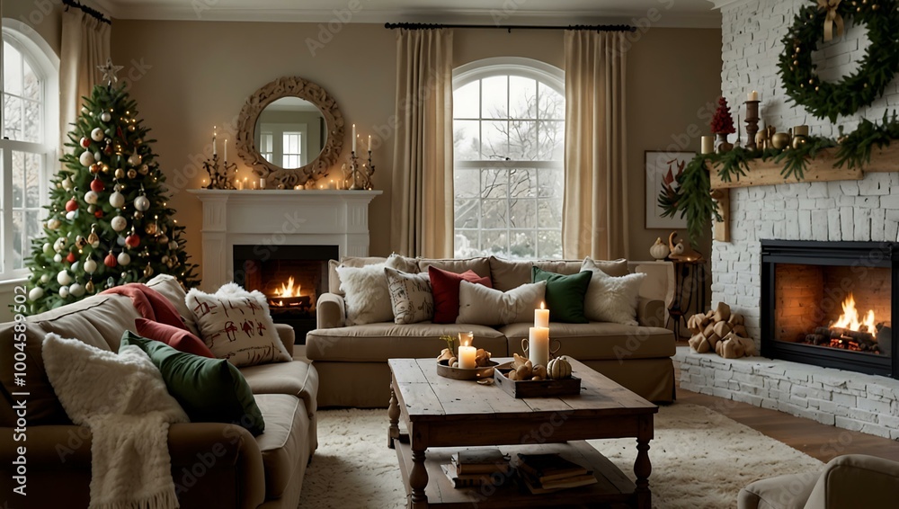A festive winter living room adorned with Christmas decorations.