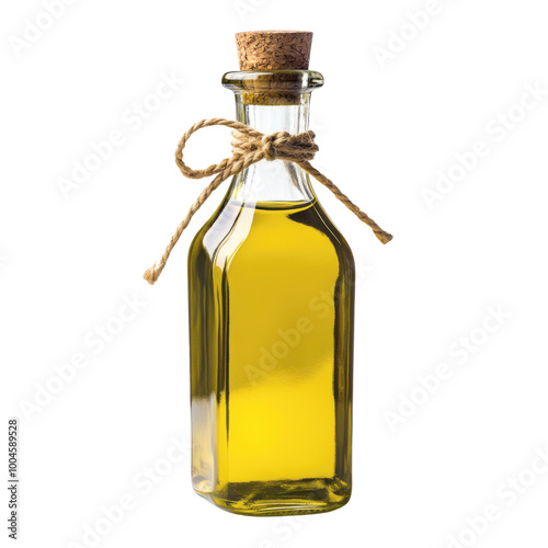 Rustic glass bottle filled with golden olive oil for culinary delights
