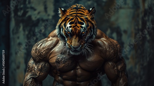 Muscular man with the head of an tiger epic combination background wallpaper AI generated image