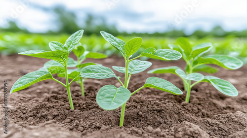 Healthy green plants growing in rich soil, showcasing organic farming techniques and sustainable agriculture practices. vibrant leaves reflect vitality of nature