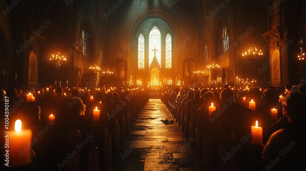 A congregation of people sitting in pews in a church lit by candles, with a stained glass window behind the altar. A congregation of people sitting in pews in a church lit by candles, with a stained glass window behind the altar.