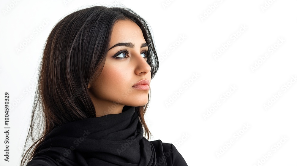 Young Woman in Profile with Elegant Scarf Young Woman in Profile with Elegant Scarf