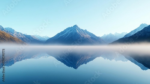 Serene mountain lake surrounded by fog, glassy reflection, 3D illustration