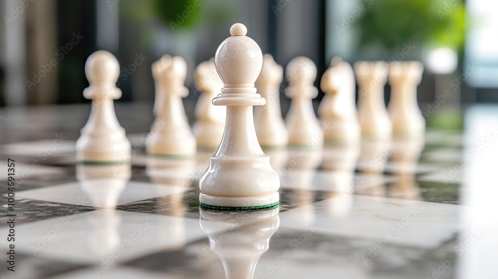 A close-up view of a white pawn on a chessboard, symbolizing strategy and competition in an elegant setting. A close-up view of a white pawn on a chessboard, symbolizing strategy and competition in an elegant setting.