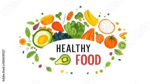 flat logo of healthy food featuring the text "HEALTHY FOOD" on a white background. The design utilizes bright colors to represent a variety of nutritious foods, promoting wellness and healthy eating